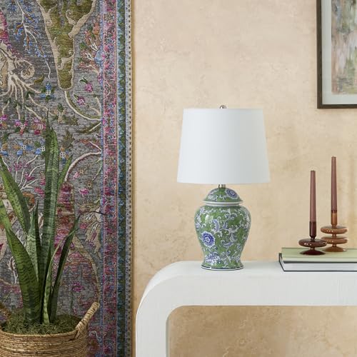 Nourison Home 24" Green & Blue Floral Ginger-Jar Ceramic Traditional Table Lamp for Living Room, Bedroom, Dining Room, Reading