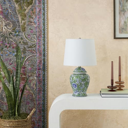 Nourison Home 24" Green & Blue Floral Ginger-Jar Ceramic Traditional Table Lamp for Living Room, Bedroom, Dining Room, Reading