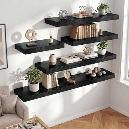 24 Inch Long Floating Shelves for Wall Set of 1, 12"D Wood Grain Shelves - color: Black, size: 24"Wx12"Dx2"H, 1P