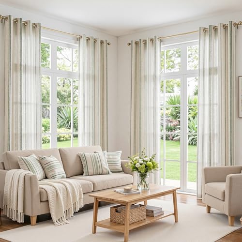 MYSKY HOME Green Striped Linen Curtains for Bedroom 63 Inches 2 Panels - color: Green, size: 52"W x 63"L (Pack of 2)
