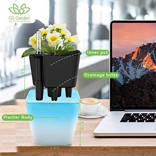 Self Watering Planters for Indoor Plants, 5.2 Inch 3 Pack Square Plastic Plant Pots with Water Level Indicator & Drainage System for African Violet Herbs Succulents - Gradient Blue - color: Gradient Blue Pack of 3
