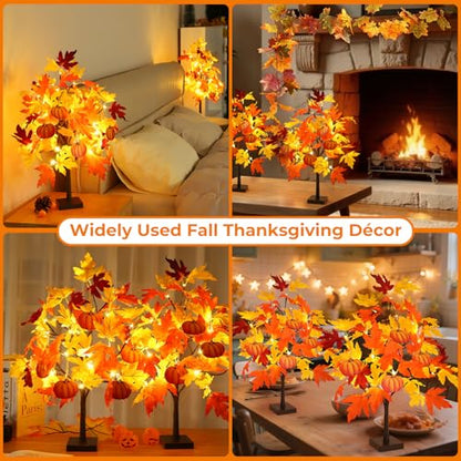 Fall Décor 2 Pack 24 Inch Fall Maple Tree with 48 LEDs Battery Operated Fall Lights with 8 PCS Pumpkin Wooden Hanging Ornaments Artificial Tree for Fall Thanksgiving Home Table Decorations