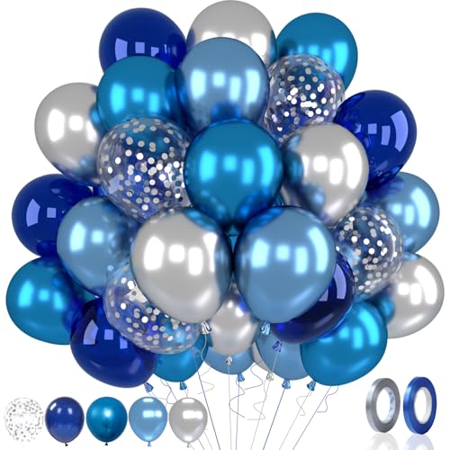 Patimate Blue Silver Confetti Latex Balloons Set 50 pcs 12 inch - color: Blue Silver