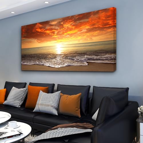 Baisuart-S0162 Canvas Prints Wall Art Sunset Ocean Beach Pictures Photo Paintings for Living Room Bedroom Home Decorations Modern Stretched and Framed Seascape Waves Landscape Giclee Artwork - color: Golden, size: 48"L x 24"W