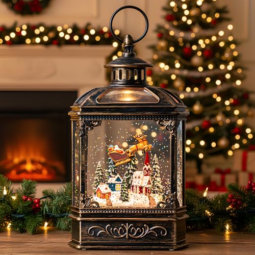 VISFLAIR Christmas Snow Globe Lighted Church & Flying Santa Scene, Musical Snow Water Lantern Swirling Glittering Home Decoration and Gift, Battery Operated or USB Powered - color: 10.1'' Flying Santa