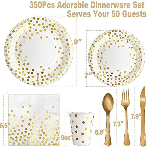 AIRE White Gold Dot Paper Plates Set, 350PCS Disposable Tableware for 50 - color: 350pcs White and Gold
