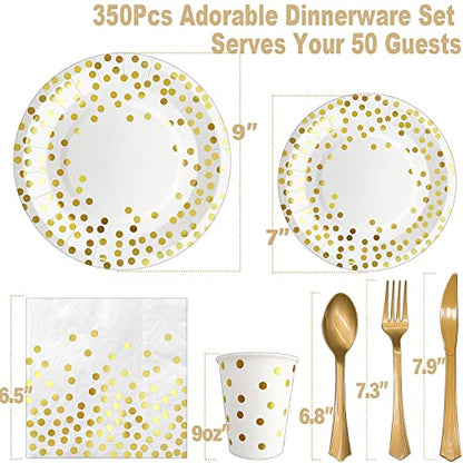 AIRE White Gold Dot Paper Plates Set, 350PCS Disposable Tableware for 50 - color: 350pcs White and Gold