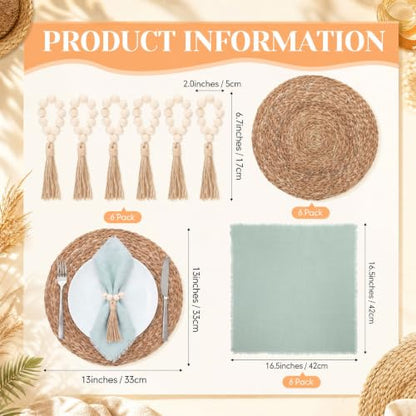 Fanfanwin Set of 6 Woven Placemats with Sage Green Napkins, 13" - color: Sage Green