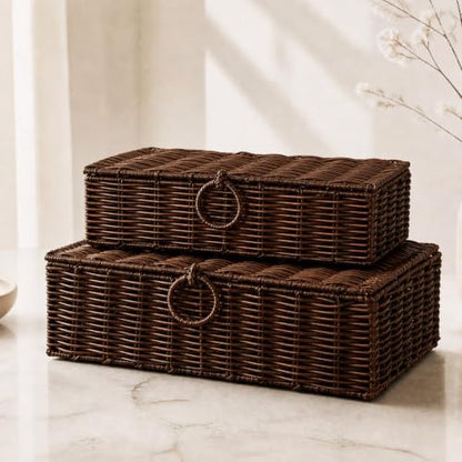 Hushee Set of 2 Wicker Storage Baskets with Lid Woven Wicker Storage Bins Woven Rattan Decorative Boxes with Lid for Shelf Organizer Coffee Table Bathroom Living Room Decor