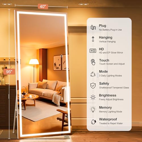 95" x 40" Full Length Mirror with Lights, Large LED Lighted Floor Standing Body Mirror, Dimmable & 3 Color Lighting for Home Gym, Cloakroom, Living Room, Tempered Glass, White Frame - color: White, size: 95"L x 40"W