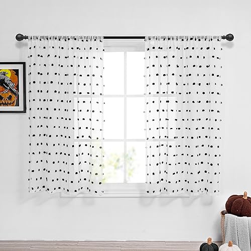 MYSKY HOME Black Pom Pom Sheer Curtains for Bedroom 45 Inch Long 2 Panels - color: Black Pom Pom, size: 50"W x 45"L (Pack of 2)