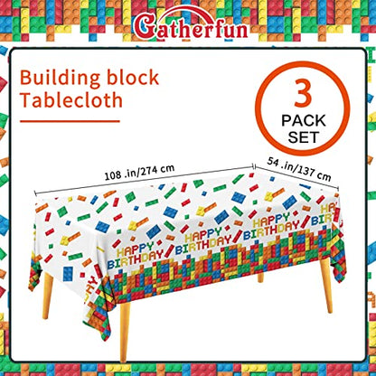 Gatherfun Building Block Party Disposable Tablecloth, Plastic Table Cover for Building Block Themed Party, Kids Birthday, 3 PCS, 54”x108” - style: Building Block