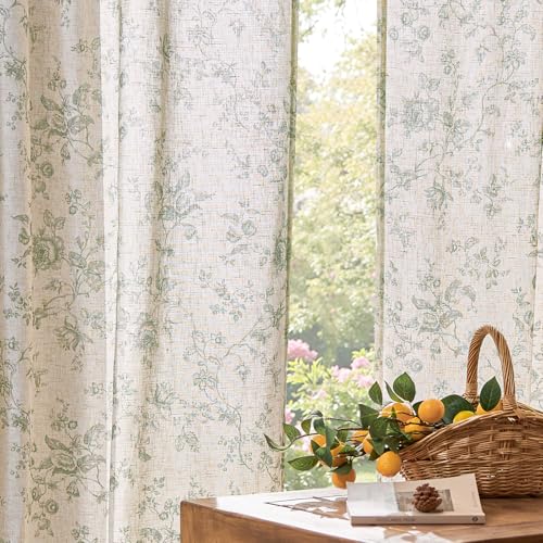 jinchan Linen Curtains 63 inch Green Floral Farmhouse Rod Pocket 2 Panels - color: Amlie Green, size: 50"W x 63"L (Pack of 2)