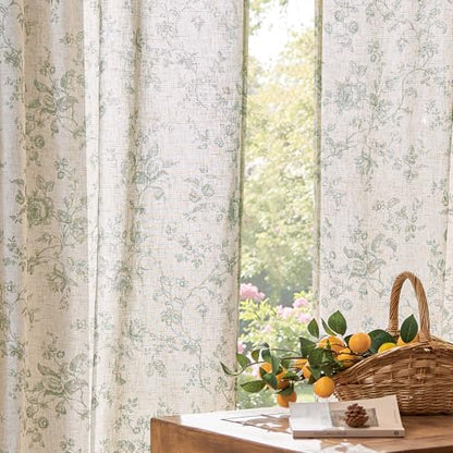 jinchan Linen Curtains 63 inch Green Floral Farmhouse Rod Pocket 2 Panels - color: Amlie Green, size: 50"W x 63"L (Pack of 2)
