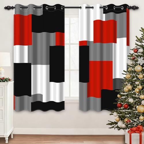 95% Blackout Curtains for Bedroom 63 Inch Long 2 Panels Set Red Gray White Modern Abstract Geometric Black Out Curtains Insulated Room Darkening Window Drapes for Living Room, 52Wx63L - color: 01 Red, size: 52"W x 63"L (Pack of 2)