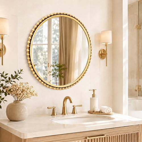 30" Round Bathroom Mirror, Antique Gold Bold Beaded Frame