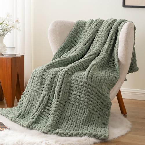 Chunky Knit Throw Blanket for Couch, Sage Green, 50"x60" - color: Sage Green