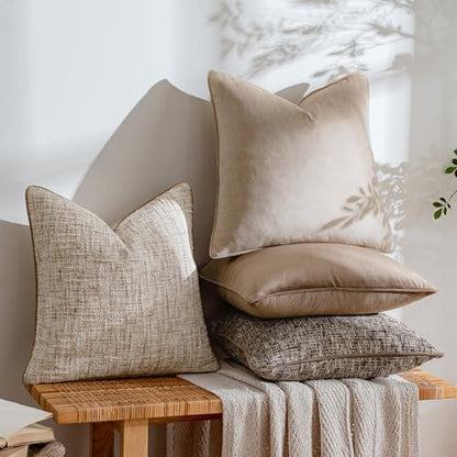 a moment Neutral Khaki Brown 4 Pack Throw Pillow Covers - Chenille & Velvet Set with Piping, Farmhouse Textured Design Pillow Cases for Couch Sofa Bed Livingroom (20x20 Inch, No Insert) - color: Neutral Khaki Brown, size: 20" x 20" (Pack of 4)