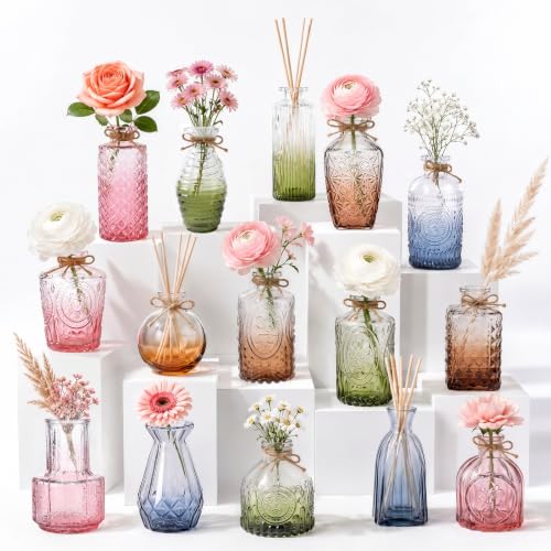 15Pack Colorful Glass Bud Vases,Bulk Mini Small Colored Vintage Vases - color: Colorful, size: 15PCS
