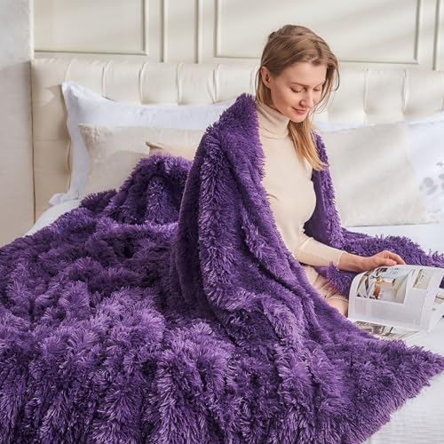 GONAAP Fuzzy Faux Fur Queen Blanket for Couch, Purple, 90"x90" - color: Purple, size: Queen(90"x90")