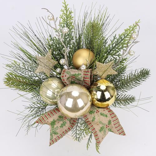 Hollyone Small Christmas Table Centerpiece 10' Artificial Mini Tabletop Christmas Potted Plant with Gold Ball Ornaments for Home Office Arrangement Centerpieces Indoor - color: Style 3
