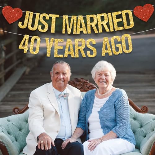 Gold Glitter Just Married 40 Years Ago Banner,NO DIY,Pre-Strung 40th Wedding Anniversary Party Decorations 40 Years Blessed & Loved Garland Sign We Still Do 40th Party Supplies - color: 40gold