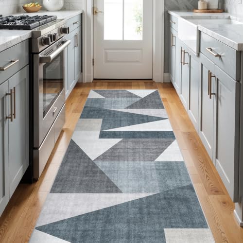 3x8 Washable Geometric Runner Rug - Non-Slip Backing Hallway Rugs Blue Grey - color: Blue/Grey, size: 3' x 8' (Rectangular)