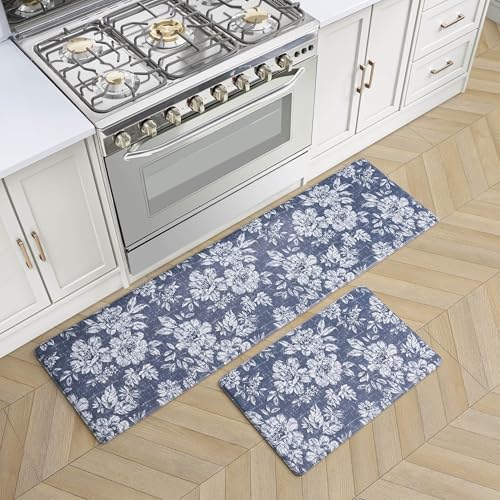 Laura Ashley - Anti-Fatigue Kitchen Mat, Iris Floral Design, Stain, Water & Fade Resistant, Cooking & Standing Relief, Non-Slip Backing, 2 Piece Set: 17.5" x 60" / 17.5" x 28" Navy Iris - color: Navy, size: 60"L x 17.5"W / 28"L x 17.5"W