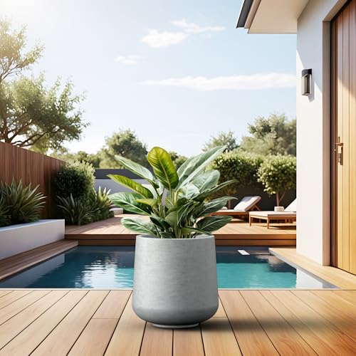 Kante Round Concrete Planter, 13-Inch Dia Barrel-Style Garden Pots with Drainage Hole for Home, Patio and Garden, Flower and Tree Planter (10.2" Opening), Gray - color: Gray, size: 13" D