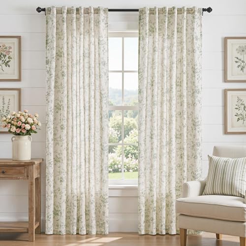 jinchan Linen Curtains 90 inch Green Floral Farmhouse Rod Pocket 2 Panels - color: Amlie Green, size: 50"W x 90"L (Pack of 2)
