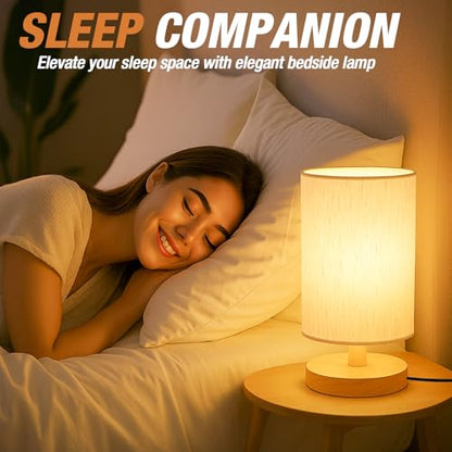 Desk Lamp LED Bulb Included, Small Bedside Table Lamp Plug-in - Classic Wood Base with Flaxen Fabric Shade, Lamps for Night Stands, Simple Nightstand Light for Bedroom, Office, Desk - color: Flax White