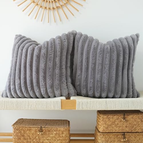 JOJUSIS Faux Fur Plush Throw Pillow Covers, Grey, 18 x 18-Inch - color: Grey, size: 18" x 18" (Pack of 2)