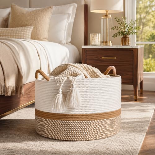 KAKAMAY Large Blanket Basket with Handles, Storage Basket for Living Room - color: Brown