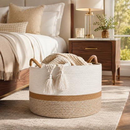 KAKAMAY Large Blanket Basket with Handles, Storage Basket for Living Room - color: Brown