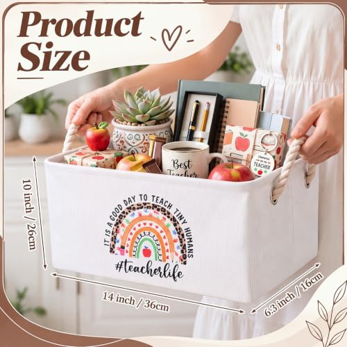 Marsui 1 Pcs Teacher Gift Basket Foldable Linen Storage Basket with Handles - color: White, size: Teacher
