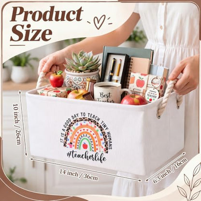 Marsui 1 Pcs Teacher Gift Basket Foldable Linen Storage Basket with Handles - color: White, size: Teacher