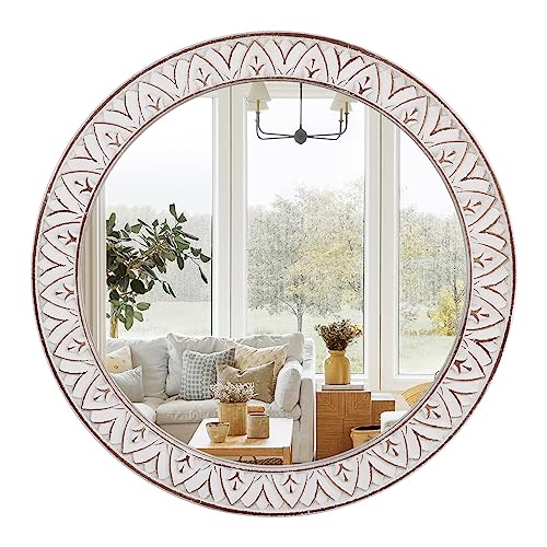 24" Round Mirror Farmhouse Wooden Frame Circle Mirrors, Rustic Decorative Distressed Wall Mounted Mirror for Bathroom, Bedroom, Living Room, Entryway, Fireplace, Hall - color: Flower White, size: 24"L x 24"W