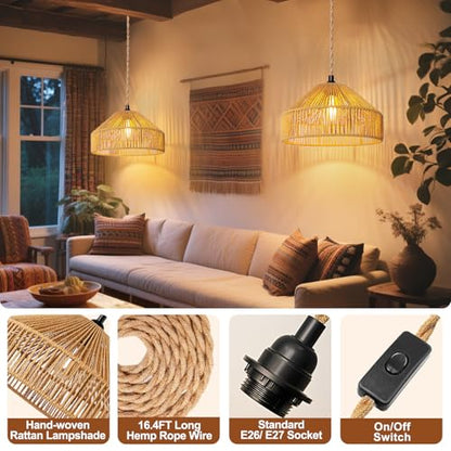 Maliralt Hanging Lamps Rattan Pendant Light Hanging Lights 16.4ft Plug in Cord Pendant Light Fixture Plug Into Wall Outlet Pendant Lighting with On Off Switch for Bedroom Living (Mongolian Yurt) - size: 12.8 Inch - Mongolian Yurt