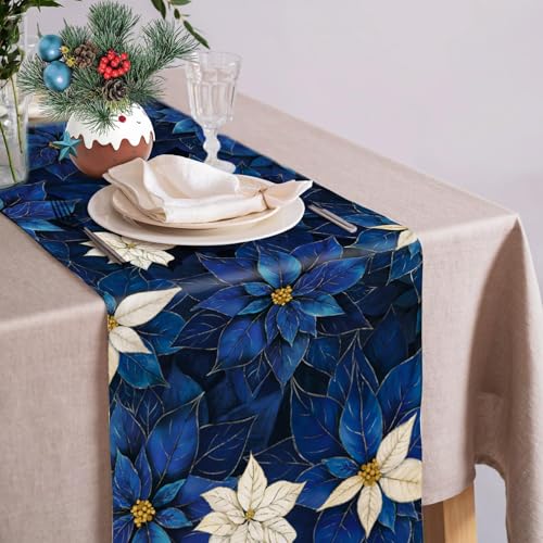 Christmas Navy Blue Poinsettia Table Runner Burlap 13x72 Inch - color: Blue Poinsettia, size: 13" x 72", Table Runner