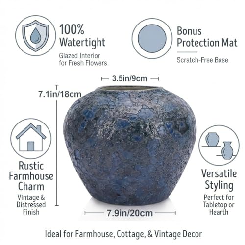 Rustic Blue Ceramic Vase, 7.9" Vintage Terracotta Pottery Vase for Living Room, Table Centerpieces, Wide Mouth Blue Vases for Home Decor, Farmhouse Kitchen Decor, Decorative Navy Vase for Flowers - size: 7 inches
