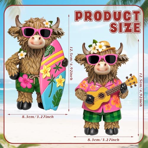 2 Pcs Highland Cow Figurines, Summer Beach Hawaii Decor - style: Hawaii