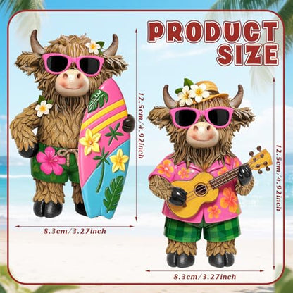 2 Pcs Highland Cow Figurines, Summer Beach Hawaii Decor - style: Hawaii