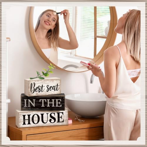 Moucuny 4 Pcs Bathroom Shelf Decor Sign Best Seat In The House Wooden Block - style: Best Seat in the House