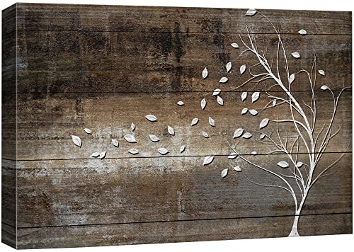 wall26 Canvas Print Wall Art White Tree Silhouette with Blowing Leaves on Vintage Wood Panels Nature Wilderness Illustrations Modern Art Rustic Relax/Calm for Living Room, Bedroom, Office - 12"x18" - color: Abstract Tree Artwork - 01, size: 18"L x 12"W