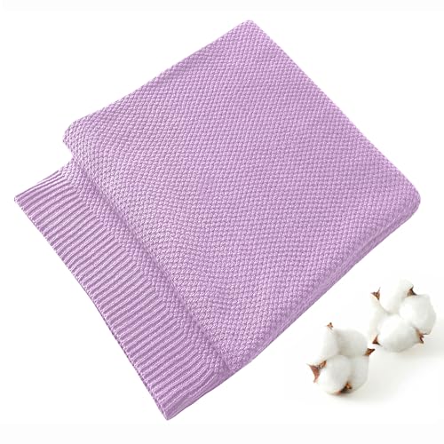 TREELY 100% Cotton Lavender Knitted Throw Blanket 50"x60" - color: Lavender, size: Throw(50" x 60")