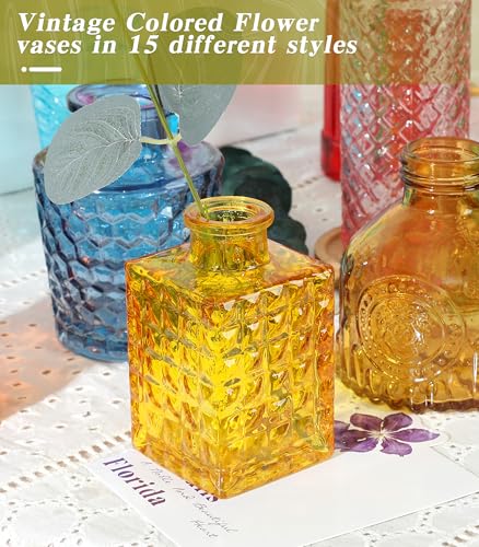 Set of 15 Colorful Glass Bud Vases Small Textured Flower Vases - color: Colorful