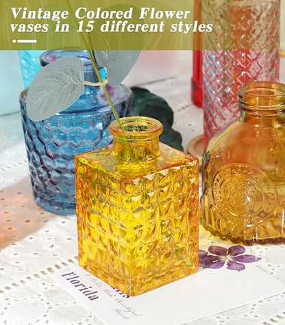 Set of 15 Colorful Glass Bud Vases Small Textured Flower Vases - color: Colorful