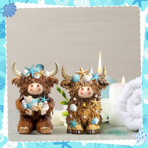 2 Pcs Coastal Highland Cow Figurines Decor, Beach Ocean Style - style: Beach