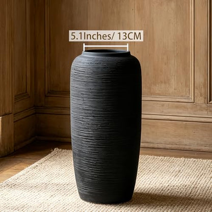 Black Rustic Ceramic Floor Vase, 15.7 Inch, Ribbed Texture - size: 15.7 Inch