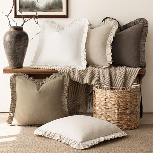Foindtower Linen Fringe Ruffle Throw Pillow Covers 20×20 Inch Light Brown - color: Cocoa Brown, size: 20" x 20" (Pack of 2)